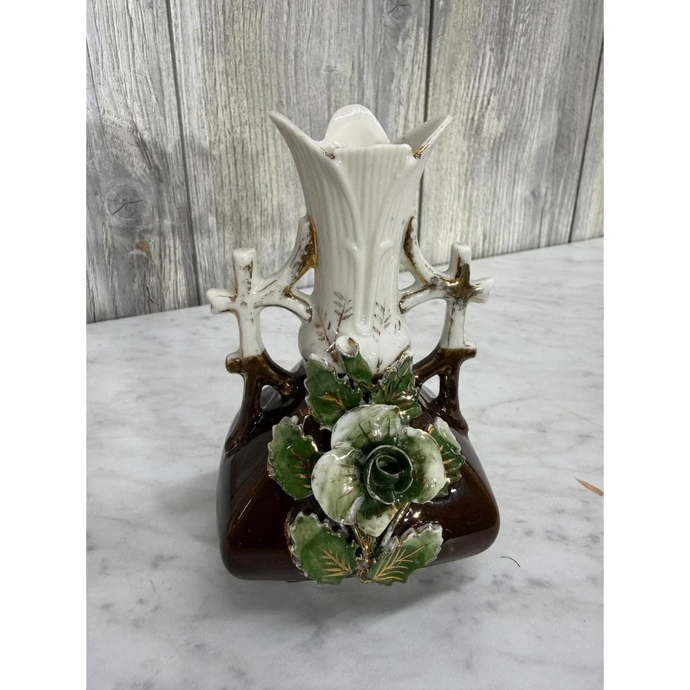Vintage Porcelain Bud Vase 3D Applied Green Rose Gold Gilt Brown White 5.25